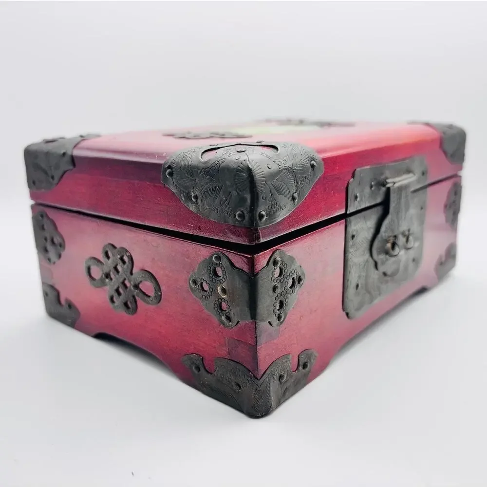 Chinese Hangzhou Wood Jewelry Box Carved Green Stone Metal Hardware